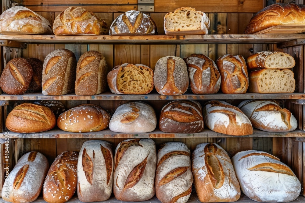 Poster A wooden shelf showcasing a wide array of freshly baked bread, inviting customers to taste and enjoy the many flavors and textures offered. Generative AI