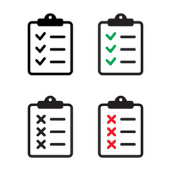 Clipboard icons. Task done sign. Green check mark icons symbol. Tick symbol. Red cross tick.