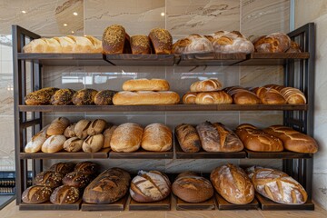 A variety of freshly baked breads beautifully displayed on shelves in a bakery, showcasing a tempting array of flavors and textures. Generative AI