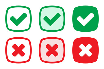 Right or wrong icons. Green tick and red cross checkmarks. Yes or no symbol, approved or rejected icon for user interface.