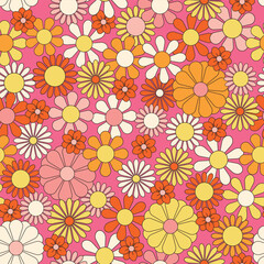 Groovy flowers vector illustration, hippie aesthetic. Psychedelic wallpaper. Colorful floral seamless pattern. Funny multicolored print for fabric, paper, any surface design.