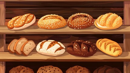 Fototapeta premium A variety of fresh breads displayed neatly on a rustic wooden shelf, including baguettes, sourdough, croissants, and challah. Generative AI