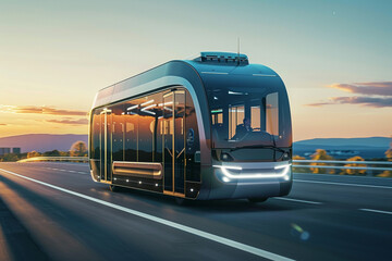 A futuristic electric autonomous bus driving on an open highway 