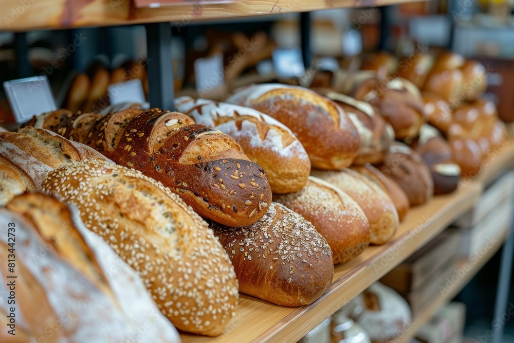 Aufkleber An assortment of freshly baked bread of different types and flavors on display in a charming artisan bakery. Generative AI