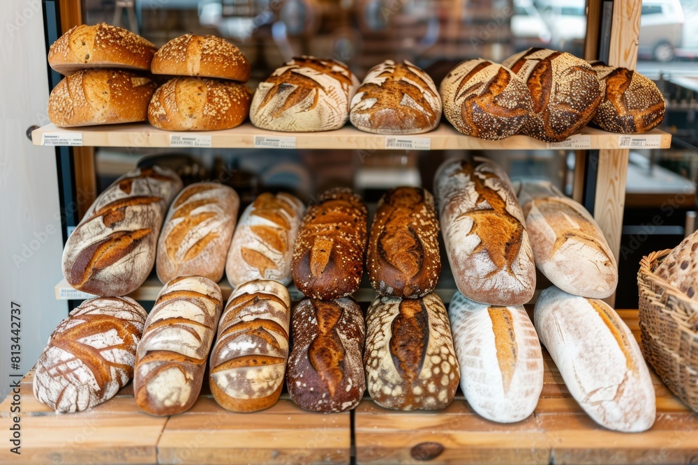 Poster A vibrant assortment of freshly baked breads is elegantly displayed on a shelf in a bakery, showcasing the diversity of flavors and textures. Generative AI