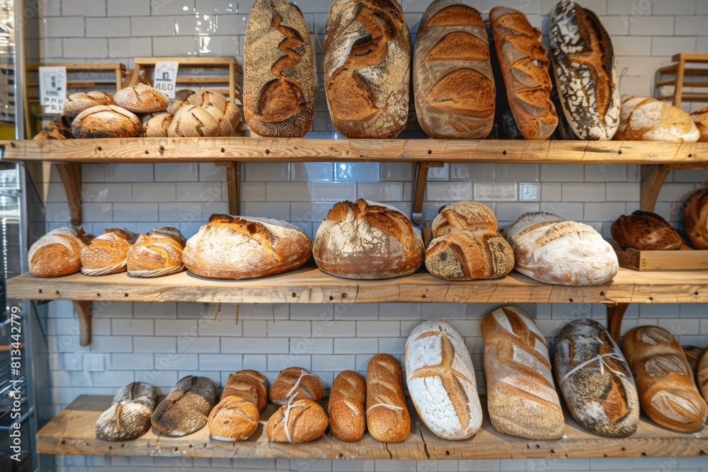 Poster A sumptuous array of freshly baked loaves of bread on display at a bustling bakery. Generative AI