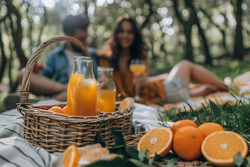 Couple blissfully engaged in a picnic in the countryside and drinking fresh orange juices
