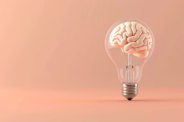 A futuristic, minimalist 3D brain within a levitating light bulb on a pastel peach background, suggesting enlightened thoughts  