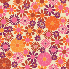 Groovy flowers vector illustration, hippie aesthetic. Psychedelic wallpaper. Colorful floral seamless pattern. Funny multicolored print for fabric, paper, any surface design.