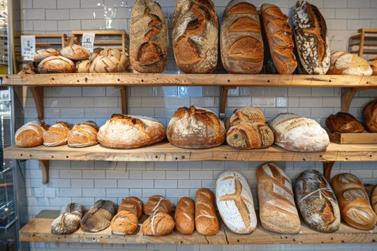 A sumptuous array of freshly baked loaves of bread on display at a bustling bakery. Generative AI