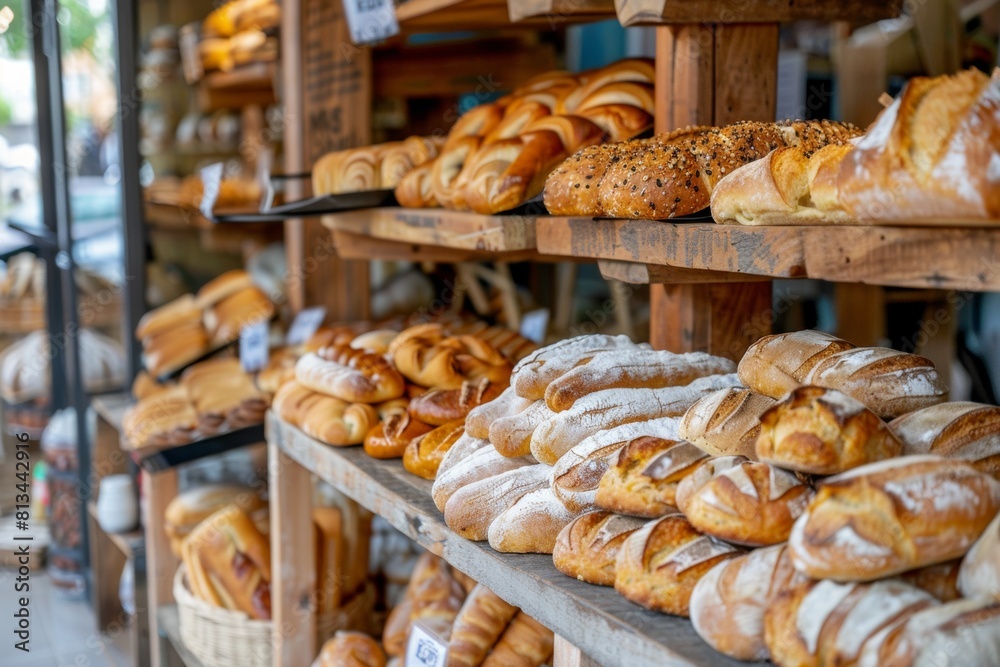 Aufkleber A bakery overflowing with a colorful array of fresh bread displayed on shelves, tempting you with their delicious aroma and variety. Generative AI