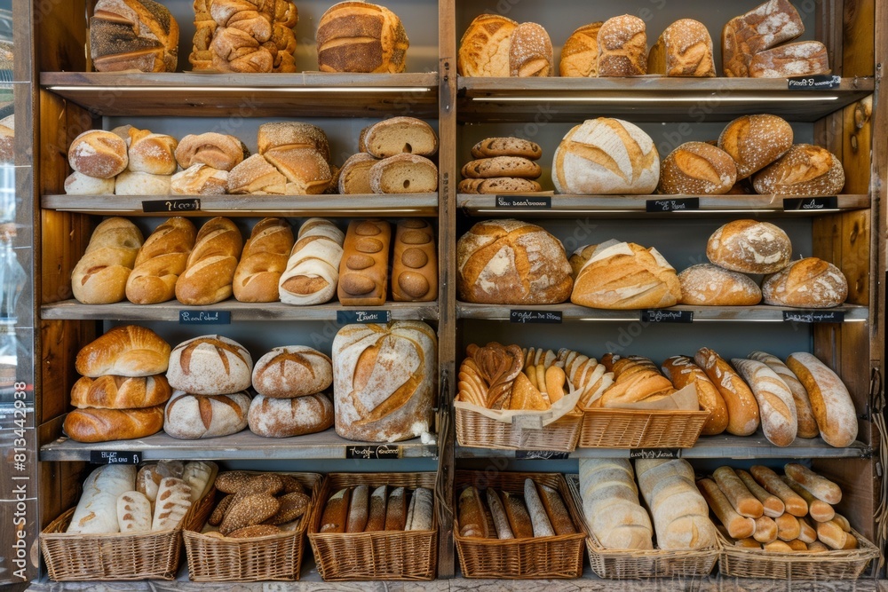 Poster a vibrant display of various types of fresh bread on shelves in a bakery, showcasing the artistry an