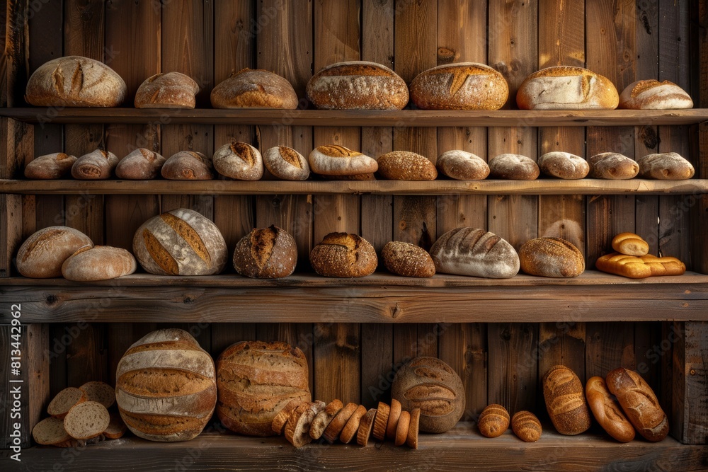 Poster A diverse collection of freshly baked breads rest elegantly on a wooden shelf, showcasing an array of colors, shapes, and textures. Generative AI