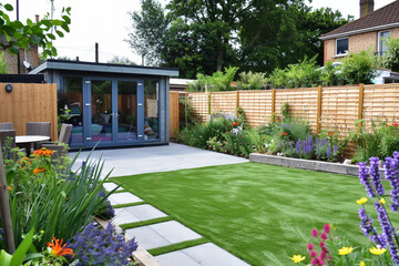 A general view of a back garden with artificial grass, grey paving slab patio, flower bed with plants, timber fences, blue shed, summer house garden timber outbuilding