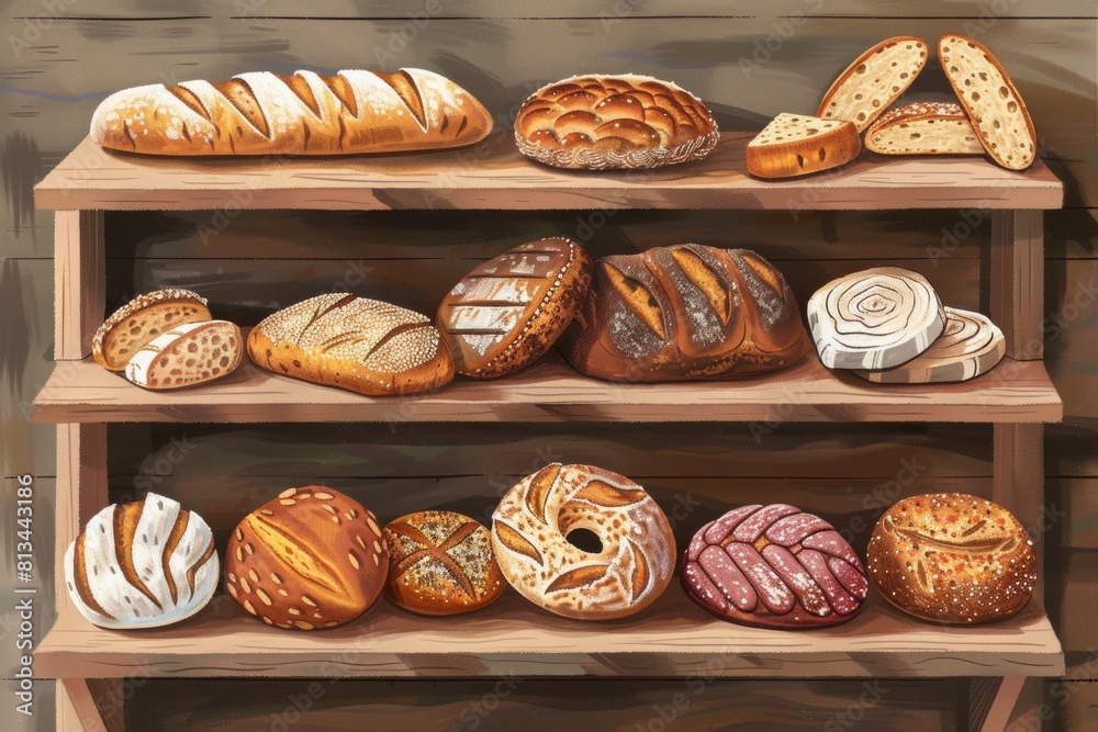 Poster a wooden shelf stacked with an assortment of freshly baked bread loaves, rolls, and pastries in vari