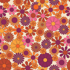 Groovy flowers vector illustration, hippie aesthetic. Psychedelic wallpaper. Colorful floral seamless pattern. Funny multicolored print for fabric, paper, any surface design.