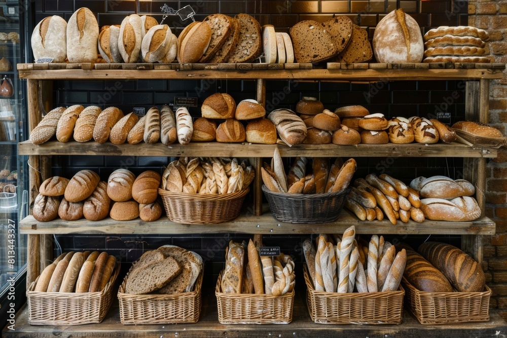 Poster a variety of fresh bread displayed beautifully on shelves in a bakery, showcasing different types an