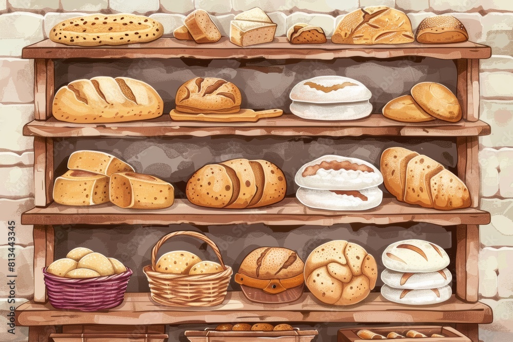 Poster an artistic illustration of a bakery shelf filled with various types of fresh bread, showcasing the 