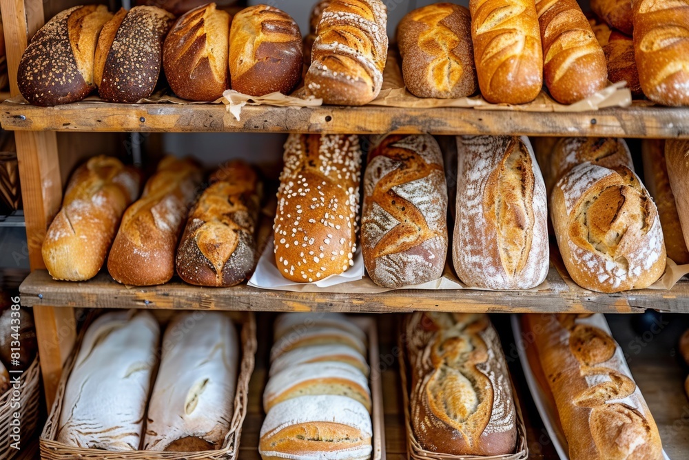 Poster A colorful assortment of freshly baked bread displayed on a rustic shelf in a welcoming bakery setting. Generative AI