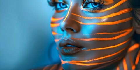 Neon UV Makeup Portrait of Woman with Ethnic Pattern Body Art. Concept UV Neon Makeup, Portrait Photography, Woman Model, Ethnic Pattern, Body Art