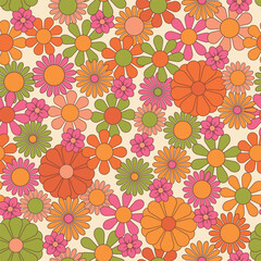 Groovy flowers vector illustration, hippie aesthetic. Psychedelic wallpaper. Colorful floral seamless pattern. Funny multicolored print for fabric, paper, any surface design.