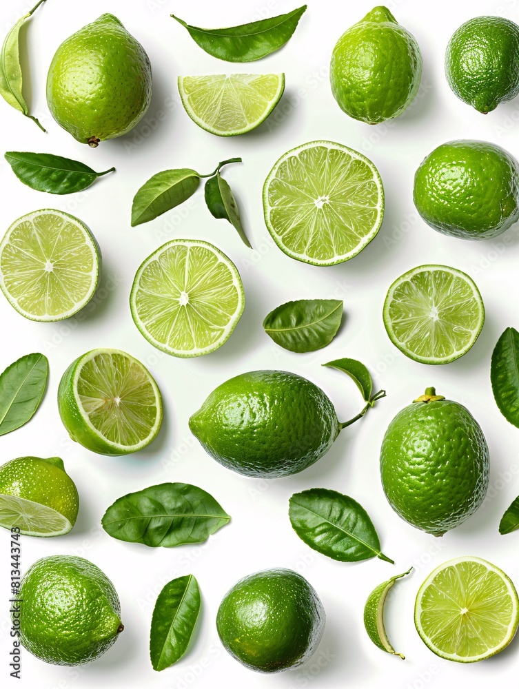 Wall mural a selection of fresh, ripe limes on a white background.