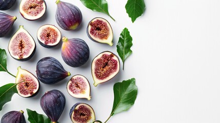 Fresh mature figs with foliage on a blank backdrop.