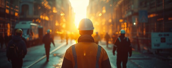 Construction Worker at Sunset in City