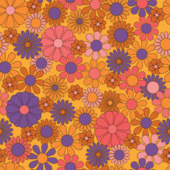 Groovy flowers vector illustration, hippie aesthetic. Psychedelic wallpaper. Colorful floral seamless pattern. Funny multicolored print for fabric, paper, any surface design.