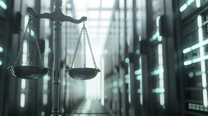Law Scales on Background of Data Center: Digital Justice Concept

