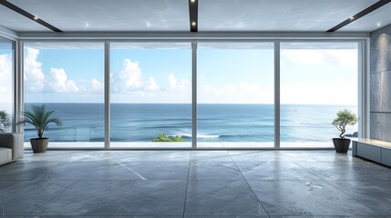 Modern residential, hotel, and homestay interior spaces: the ocean outside the windows
