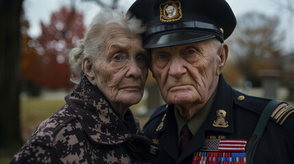 Sad and somber US Marine retired vet in his 70's poses for photo with his wife, both with piercing blue eyes, outside.
