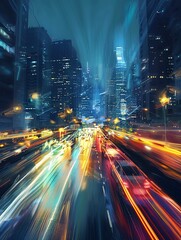 Obraz premium A bustling urban street with illuminated movement.