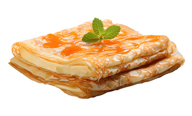 Crepe topped with honey with green mint leaves are placed on top isolated on cut out PNG or transparent background. Most sweet crepes are made from wheat flour. Is great part of breakfast or dessert.