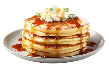 Sweet Homemade Stack of Pancakes with Butter and Syrup for Breakfast in white dish isolated on cut out PNG or transparent background. flat bread made from wet kneaded dough eaten with syrup and fruit.