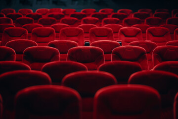 Fototapeta premium A row of red seats in a movie theater