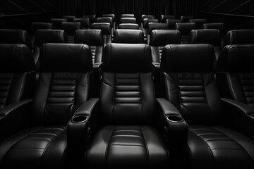 Fototapeta premium A black movie theater with rows of black leather chairs