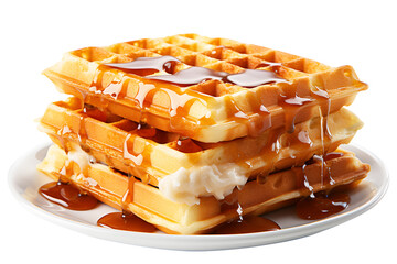 Viennese fresh waffles drizzle with honey on top in white ceramic dish isolated on cut out PNG or transparent background. Dessert made from two strips of dough. American Waffles are square in shape.	