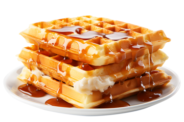Viennese fresh waffles drizzle with honey on top in white ceramic dish isolated on cut out PNG or transparent background. Dessert made from two strips of dough. American Waffles are square in shape.	