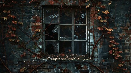 Dilapidated window on a spooky structure adorned with creeping plants