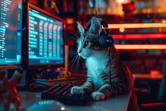 A hacker cat with a headset, sitting in a futuristic cafe, anonymously exposing cyber threats over a secure network 