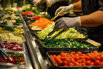 A halal buffet hotel buffet employee wearing protective gloves prepares a variety of salads and side dishes 