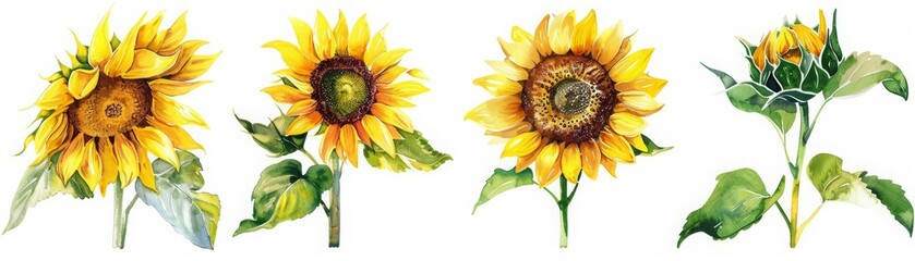 Obraz premium A set of watercolor of sunflowers turning towards the sun, symbolizing warmth and positivity, Clipart isolated minimal with white background