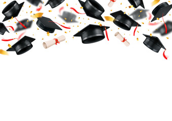 Graduation party at the university, school or college. 3d realistic black academic graduation caps or toga hats, confetti and diplomas tossed up, flying on transparent background. Vector illustration