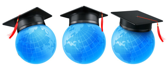3d realistic academic graduation cap, toga hat on the globe, set of views from different angles, isolated. Education online concept, design for congratulation graduation ceremony. Vector illustration