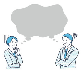 困った表情で話し合うシニアのビジネスマン。男女の上半身ベクターイラスト素材