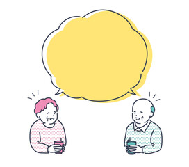 明るい表情で話し合う高齢者の夫婦。男女の上半身ベクターイラスト素材