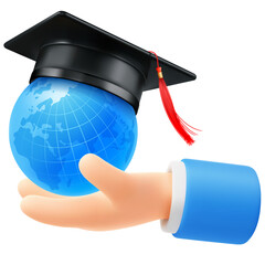 Hand holding globe with academic graduation cap, toga hat. 3d realistic education online concept, design for congratulation graduation ceremony. Isolated Vector illustration