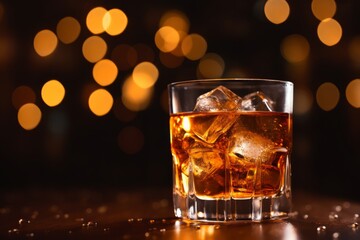 A glass of whiskey with ice on a wooden table.