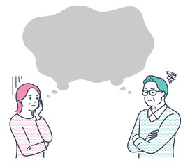 困った表情で話し合うシニア夫婦。男女の上半身ベクターイラスト素材